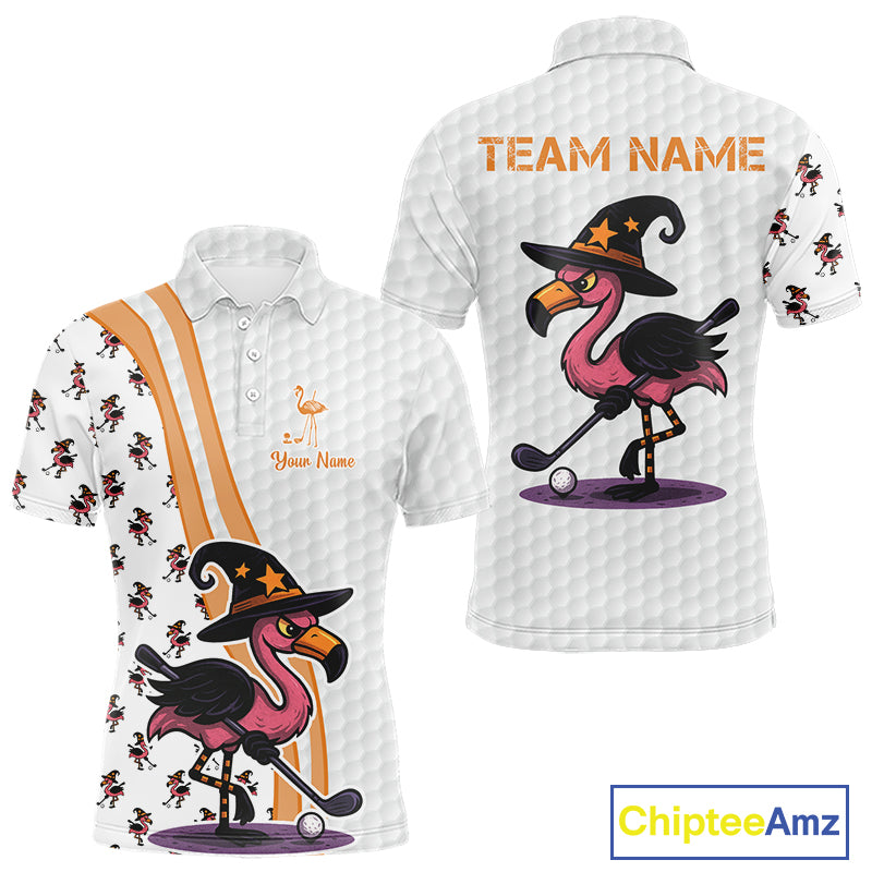 Funny Mens golf polo shirt custom Halloween flamingo pattern white golf shirts NQS10377
