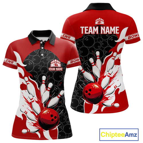 Black and Red Camo Bowling Polo, Quarter Zip Shirt For Women custom Bowling Team Jerseys Uniform NQS10380