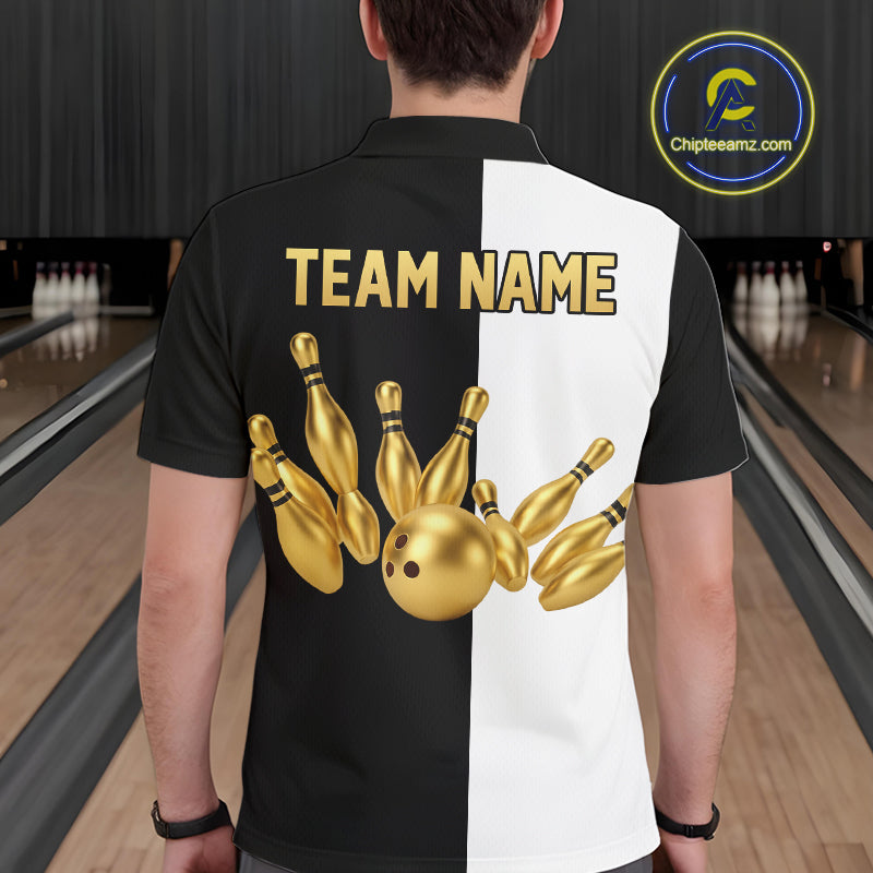 Black and white retro vintage Bowling polo, 1/4 Zip shirts for Men custom Bowling team jerseys | Gold NQS10808