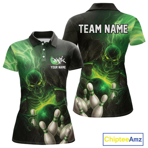 Black and green lightning skull Bowling polo, 1/4 Zip shirts for Women custom Bowling team Jersey NQS10809