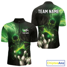 Load image into Gallery viewer, Black and green lightning skull Bowling polo, 1/4 Zip shirts for Men custom Bowling team Jersey NQS10809