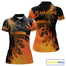 Load image into Gallery viewer, Black and Orange Flame Lightning Thunder Women Disc golf polo shirts Custom team disc golf outfit NQS10812