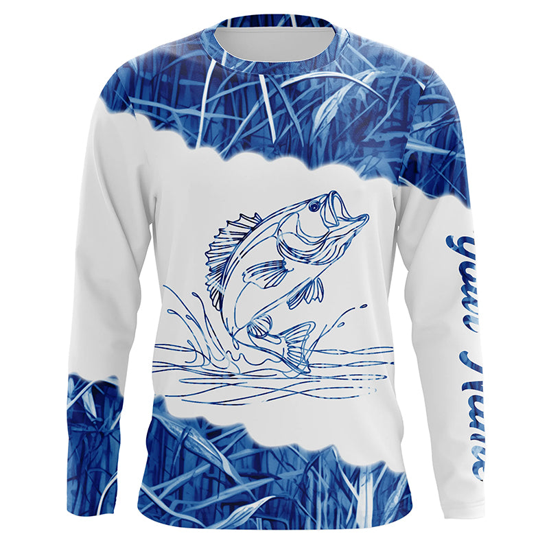 Blue camo Largemouth bass Customize name UV protection Performance Long Sleeve fishing shirts NQS1101