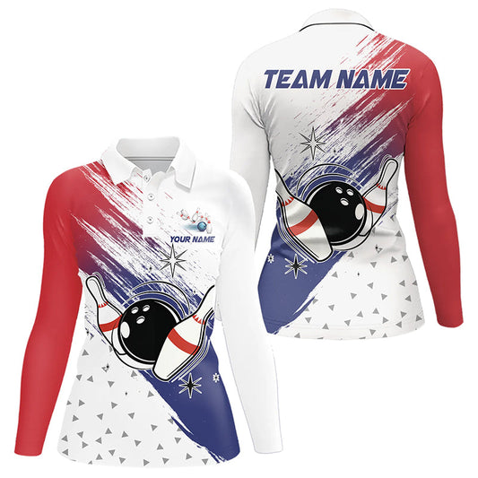 Red, White and Blue Bowling Polo, 1/4 Zip Shirts For Women Custom Bowling Team Jersey, Gift For Bowler NQS9122