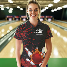 Load image into Gallery viewer, Black and Red Flame Bowling Polo, Quarter Zip Shirts for Women Custom Team womens bowling jersey NQS9313