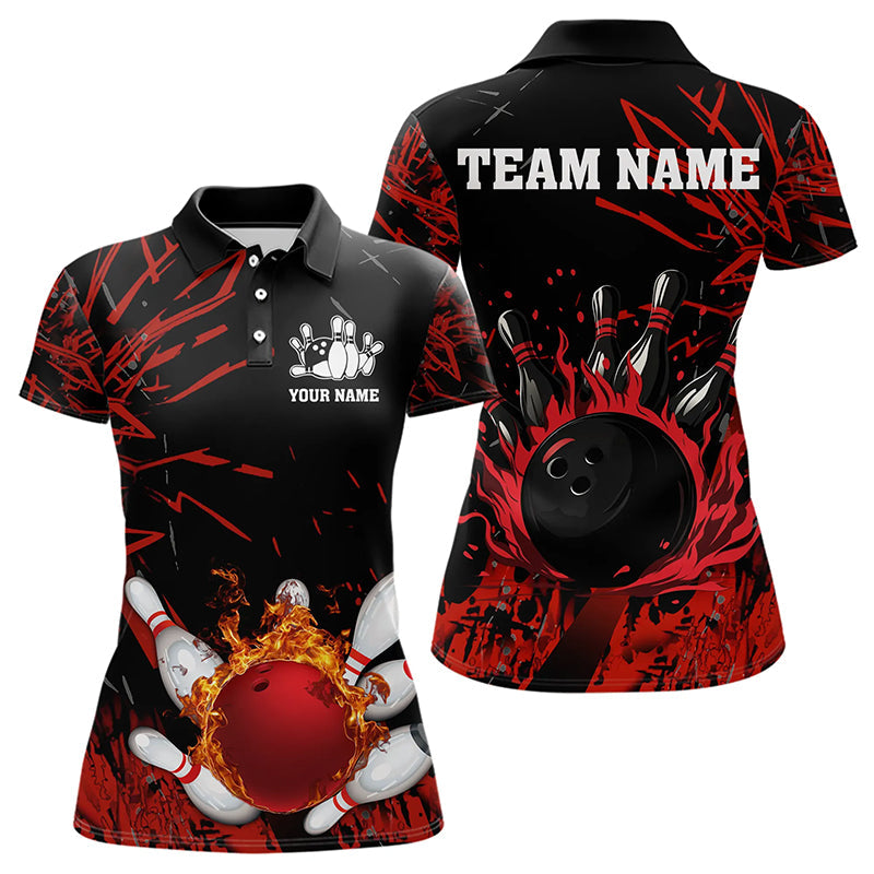Black and Red Flame Bowling Polo, Quarter Zip Shirts for Women Custom Team womens bowling jersey NQS9313