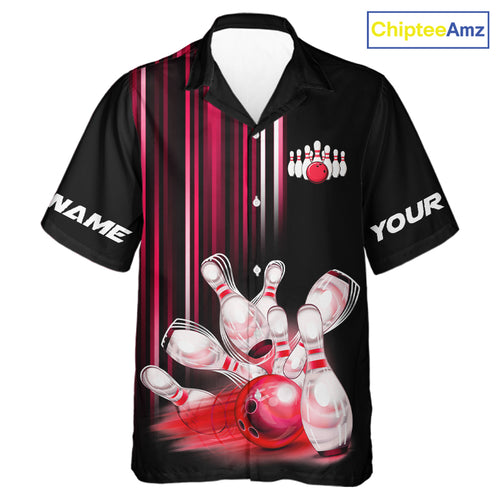 Black and red light Hawaiian bowling shirt Custom bowling ball and pins Team Button up shirt NQS9828