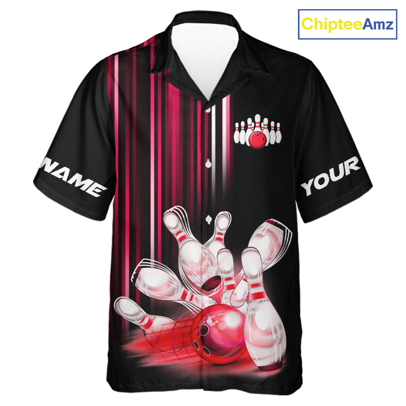 Black and red light Hawaiian bowling shirt Custom bowling ball and pins Team Button up shirt NQS9828