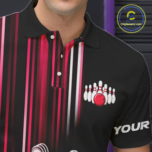 Black and red light Men bowling Polo, Quarter Zip Shirt Custom bowling ball and pins Team jerseys NQS9828