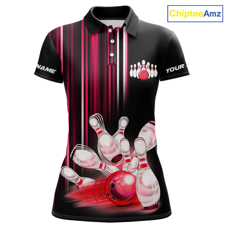 Black and red light Women bowling Polo, Quarter Zip Shirt Custom bowling ball and pins Team jerseys NQS9828