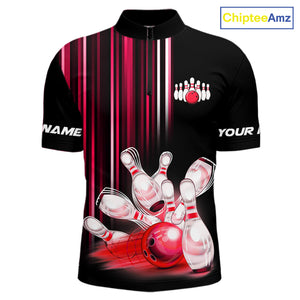 Black and red light Men bowling Polo, Quarter Zip Shirt Custom bowling ball and pins Team jerseys NQS9828