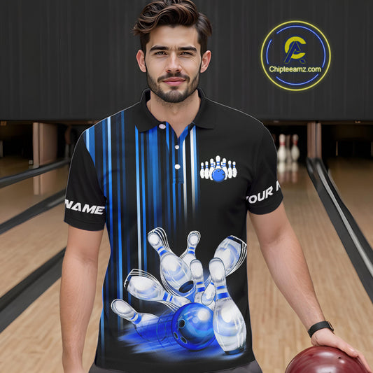 Black and blue light Men bowling Polo, Quarter Zip Shirt Custom bowling ball and pins Team jerseys NQS9829