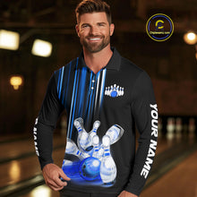 Load image into Gallery viewer, Black and blue light Men bowling Polo, Quarter Zip Shirt Custom bowling ball and pins Team jerseys NQS9829