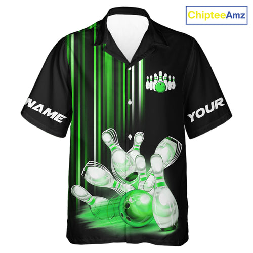 Black and Green light Hawaiian bowling shirt Custom bowling ball and pins Team Button up shirt NQS9830