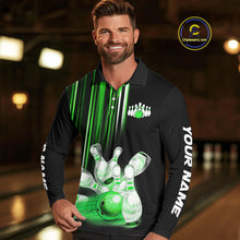 Load image into Gallery viewer, Black and Green light Men bowling Polo, Quarter Zip Shirt Custom bowling ball and pins Team jerseys NQS9830