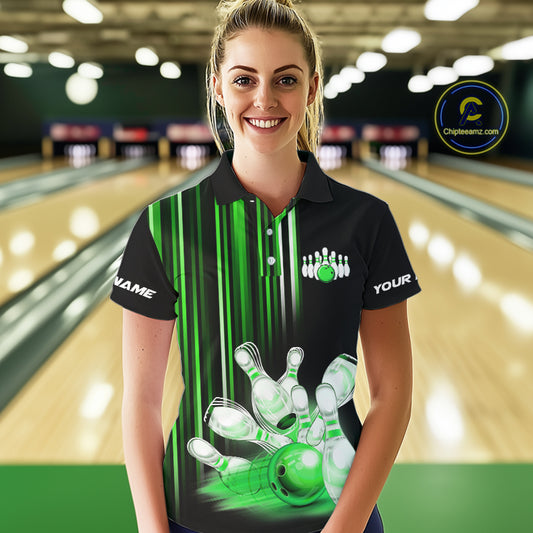 Black and Green light Women bowling Polo, Quarter Zip Shirt Custom bowling ball and pins Team jerseys NQS9830