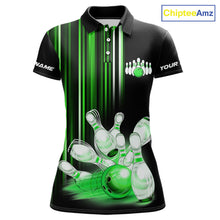 Load image into Gallery viewer, Black and Green light Women bowling Polo, Quarter Zip Shirt Custom bowling ball and pins Team jerseys NQS9830