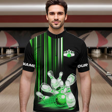 Load image into Gallery viewer, Black and Green light Men bowling Polo, Quarter Zip Shirt Custom bowling ball and pins Team jerseys NQS9830