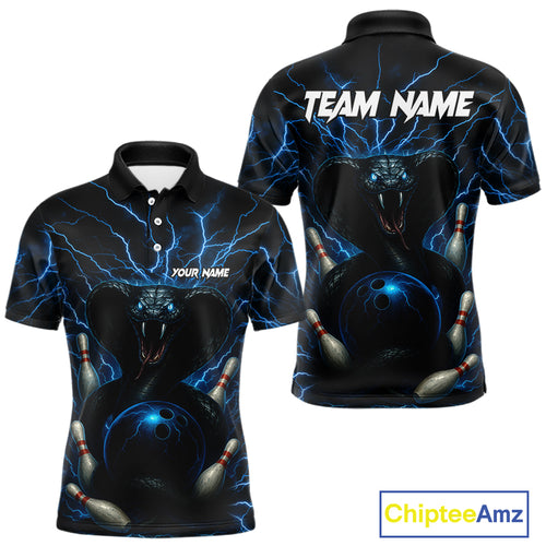 Personalized Blue Thunder Lightning Cobra Snake Bowling Shirt For Men, Custom Name Bowling Team Jersey NQS9834