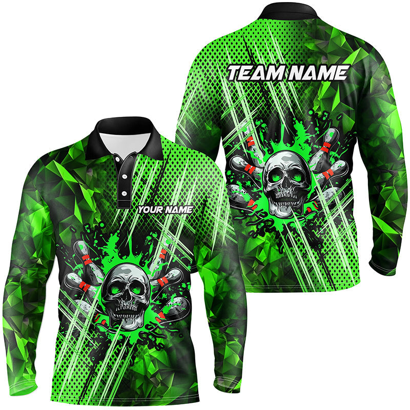 Green bowling pattern skull Men bowling Polo, Quarter Zip shirts Custom Bowling Team League Jerseys NQS7751