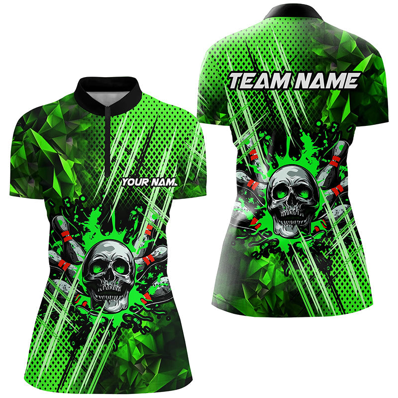 Green bowling pattern skull Women bowling Polo, Quarter Zip shirts Custom Bowling Team League Jerseys NQS7751