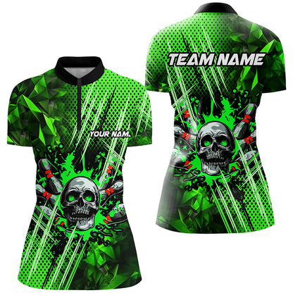 Green bowling pattern skull Women bowling Polo, Quarter Zip shirts Custom Bowling Team League Jerseys NQS7751