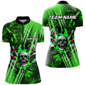 Green bowling pattern skull Women bowling Polo, Quarter Zip shirts Custom Bowling Team League Jerseys NQS7751