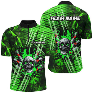 Green bowling pattern skull Men bowling Polo, Quarter Zip shirts Custom Bowling Team League Jerseys NQS7751