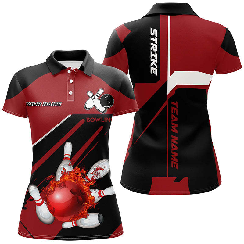 Black and Red Flame Bowling Jerseys Women Strike Bowling Custom Bowling Polo, Quarter-Zip Shirts NQS7752