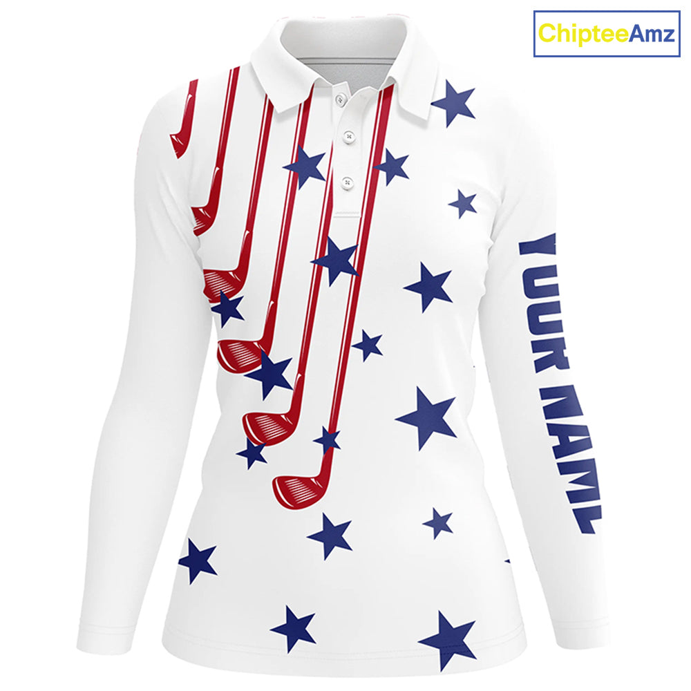 Personalized white golf clubs polos shirt for women American flag 4th July patriotic ladies golf tops NQS7758