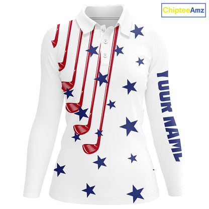 Personalized white golf clubs polos shirt for women American flag 4th July patriotic ladies golf tops NQS7758