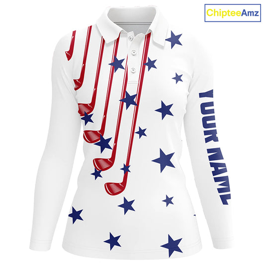 Personalized white golf clubs polos shirt for women American flag 4th July patriotic ladies golf tops NQS7758