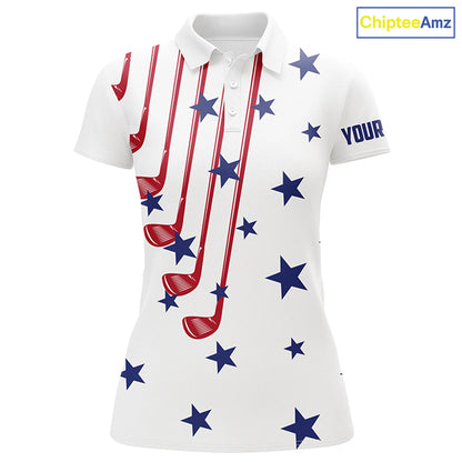 Personalized white golf clubs polos shirt for women American flag 4th July patriotic ladies golf tops NQS7758