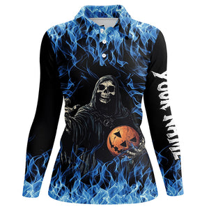 Blue flame Halloween Skull Bowling custom Women Bowling Polo, Quarter Zip Shirts, team bowling jerseys NQS8184