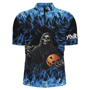 Blue flame Halloween Skull Bowling custom Mens Bowling Polo, Quarter Zip Shirts, team bowling jerseys NQS8184