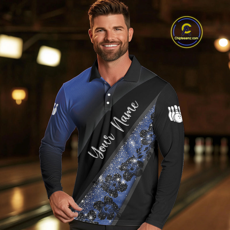 Black and Blue Glitter Flower Bowling Polo, Quarter Zip Shirt for Men Custom Bowling Team Jerseys NQS10383