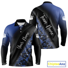 Load image into Gallery viewer, Black and Blue Glitter Flower Bowling Polo, Quarter Zip Shirt for Men Custom Bowling Team Jerseys NQS10383