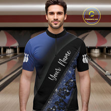 Load image into Gallery viewer, Black and Blue Glitter Flower Bowling Polo, Quarter Zip Shirt for Men Custom Bowling Team Jerseys NQS10383