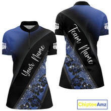 Load image into Gallery viewer, Black and Blue Glitter Flower Bowling Polo, Quarter Zip Shirt for Women Custom Bowling Team Jerseys NQS10383