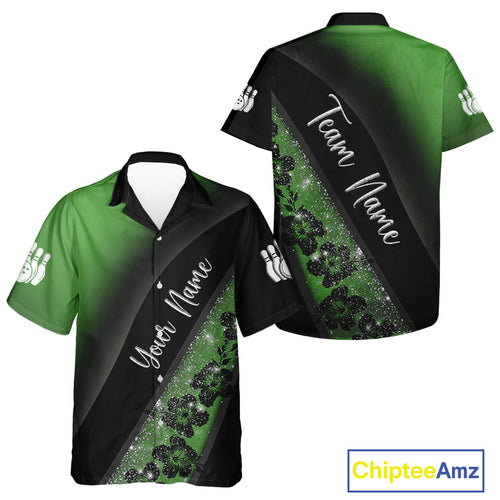 Black and Green Glitter Flower Bowling Hawaiian shirt Custom Bowling Team Jerseys NQS10384
