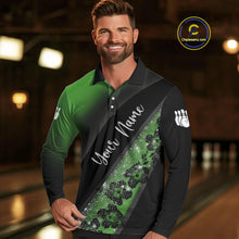 Load image into Gallery viewer, Black and Green Glitter Flower Bowling Polo, Quarter Zip Shirt for Men Custom Bowling Team Jerseys NQS10384
