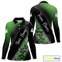 Load image into Gallery viewer, Black and Green Glitter Flower Bowling Polo, Quarter Zip Shirt for Women Custom Bowling Team Jerseys NQS10384