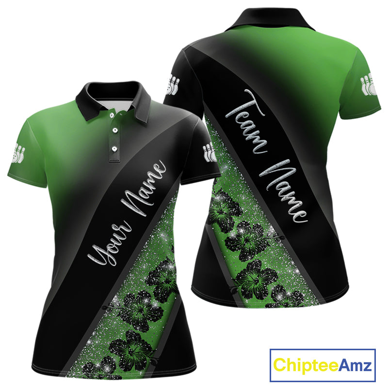 Black and Green Glitter Flower Bowling Polo, Quarter Zip Shirt for Women Custom Bowling Team Jerseys NQS10384