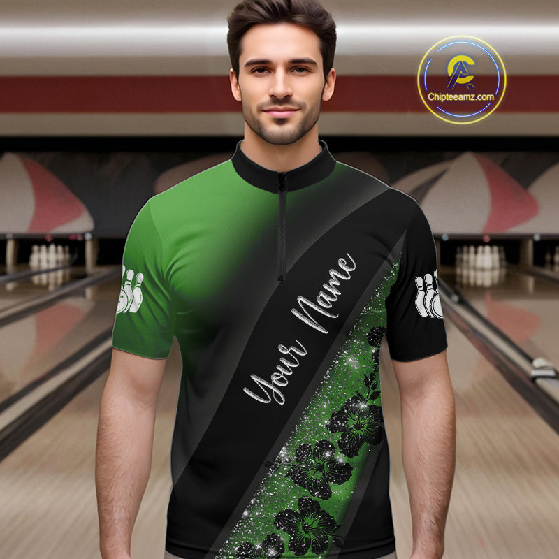 Black and Green Glitter Flower Bowling Polo, Quarter Zip Shirt for Men Custom Bowling Team Jerseys NQS10384