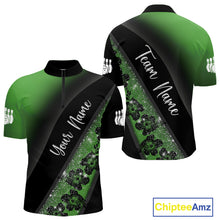 Load image into Gallery viewer, Black and Green Glitter Flower Bowling Polo, Quarter Zip Shirt for Men Custom Bowling Team Jerseys NQS10384