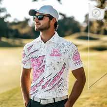 Load image into Gallery viewer, Pink ribbon white grunge pattern Mens golf polo shirt custom breast cancer awareness mens golf top NQS10386