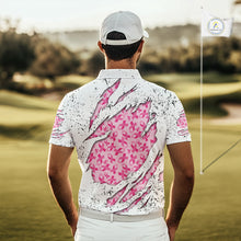 Load image into Gallery viewer, Pink ribbon white grunge pattern Mens golf polo shirt custom breast cancer awareness mens golf top NQS10386
