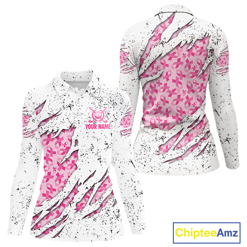 Pink ribbon white grunge pattern Women golf polo shirt custom breast cancer awareness ladies golf top NQS10386