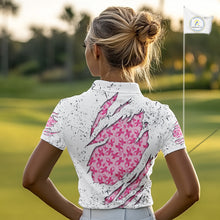 Load image into Gallery viewer, Pink ribbon white grunge pattern Women golf polo shirt custom breast cancer awareness ladies golf top NQS10386