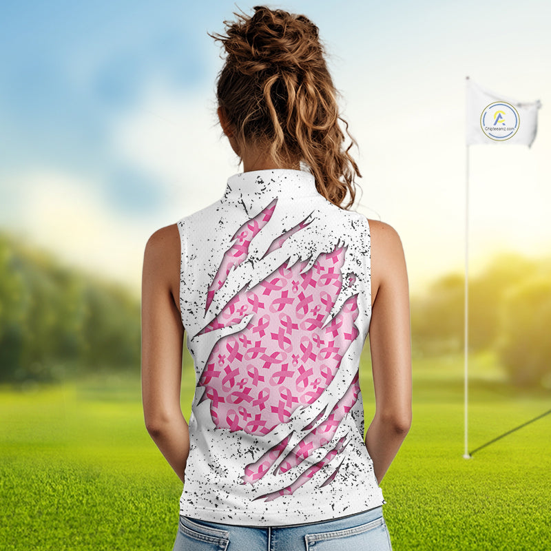 Pink ribbon white grunge pattern Women Sleeveless Polo Shirt custom breast cancer awareness golf top NQS10386